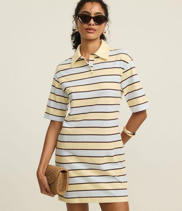 Vestido Listrado Curto em Algodão com Gola Polo - 1