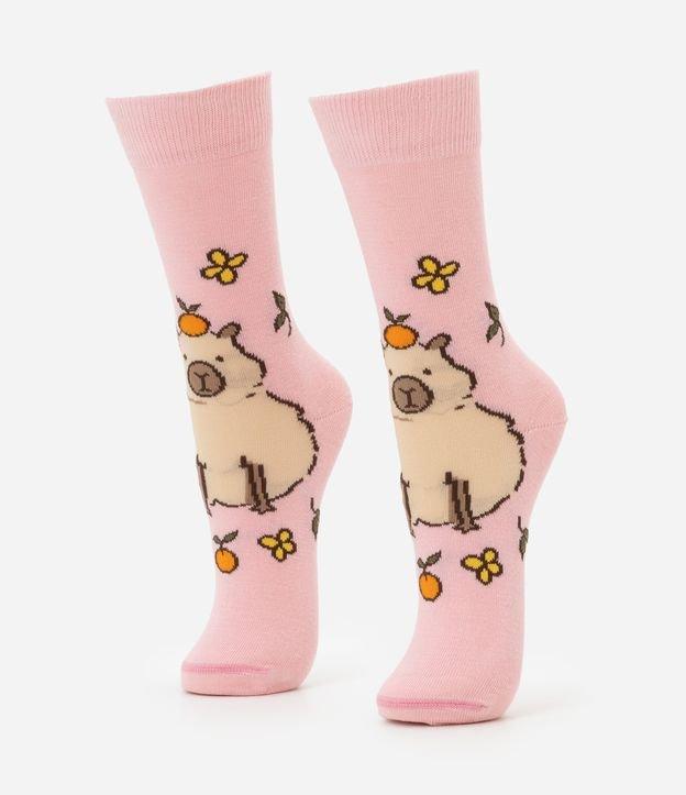 Meia Cano Alto em Algodão com Estampa Capivara - 1