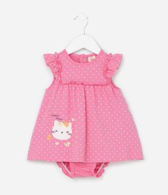 Vestido Body com Estampa Poá e Bordado Ursinha - Tam 0 a 18 Meses