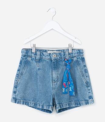 Short Mom Infantil em Jeans com Amarração em Faixa - Tam 5 a 14 Anos