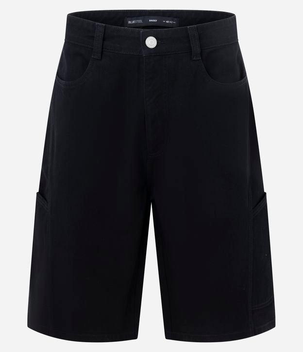 Bermuda Baggy Relaxed em Sarja com Recortes Deslocados e Bolso Lateral - 1