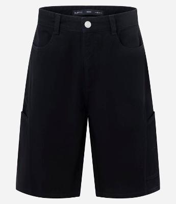 Bermuda Baggy Relaxed em Sarja com Recortes Deslocados e Bolso Lateral