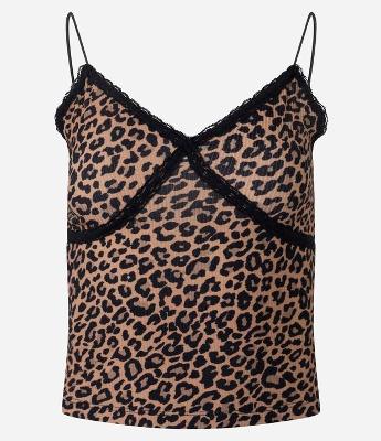 Blusa Alça Fina com Decote em V Rendado e Estampa Animal Print Onça