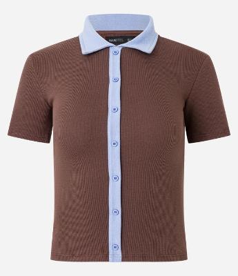 Blusa em Ribana com Gola Polo e Abotoamento Frontal