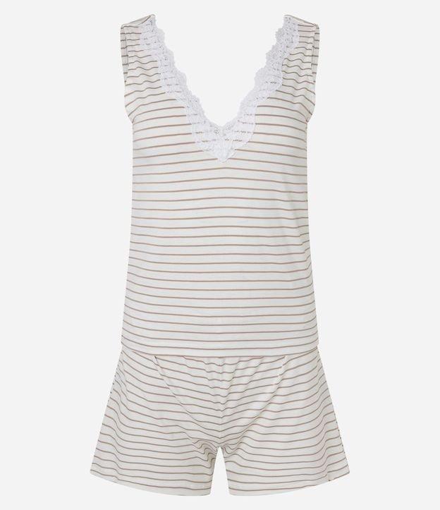 Pijama Short Doll em Viscose com Estampa Listrada e Detalhe de Renda - 1