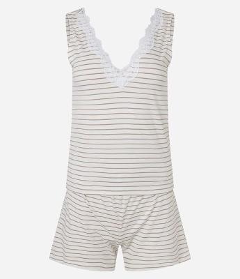 Pijama Short Doll em Viscose com Estampa Listrada e Detalhe de Renda