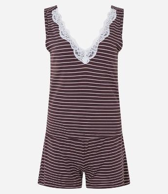 Pijama Short Doll em Viscose com Estampa Listrada e Detalhe de Renda