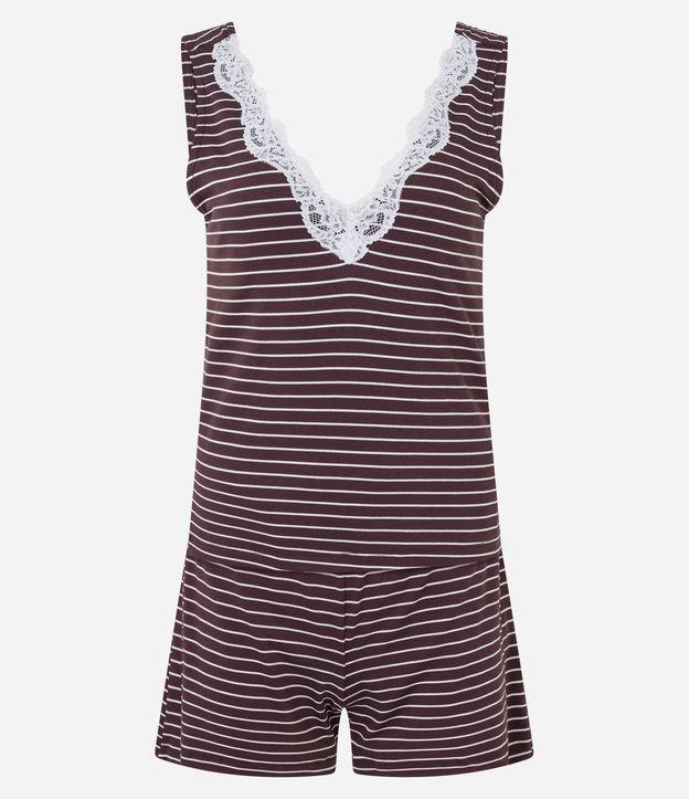 Pijama Short Doll em Viscose com Estampa Listrada e Detalhe de Renda - 1