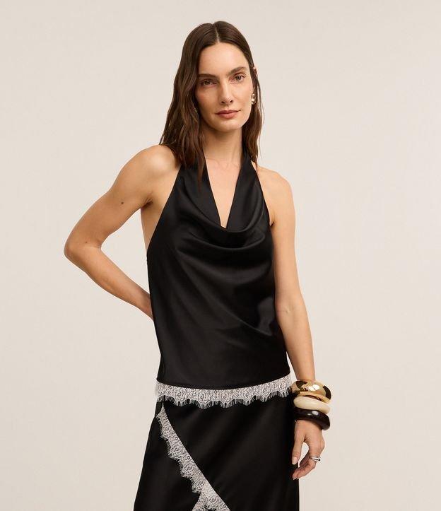 Blusa Frente Única em Cetim com Decote Degagê com Renda na Barra - 1