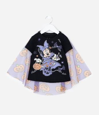 Camiseta Slim  Infantil com Estampa de Hawlloween e Capa Minnie - Tam 1 a 6 Anos