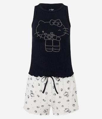 Pijama Short Doll em Ribana com Estampa e Strass Hello Kitty