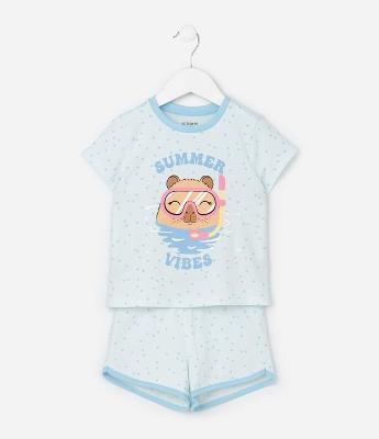 Pijama Curto Infantil com Estampa Poá e Capivara - Tam 2 a 6 Anos
