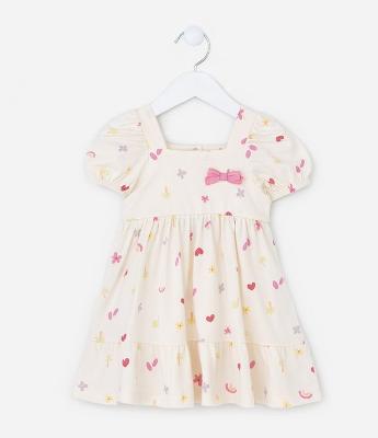 Vestido Infantil com Mini Ícones - Tam RN a 18 Meses