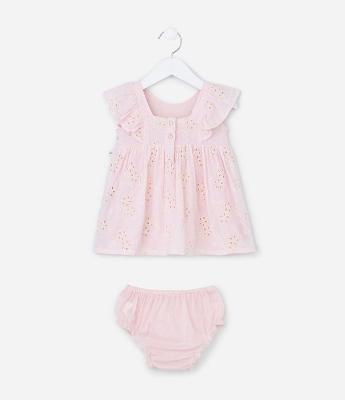 Vestido Infantil em Broderie com Babadinhos e Calcinha - Tam 3 a 18 Meses