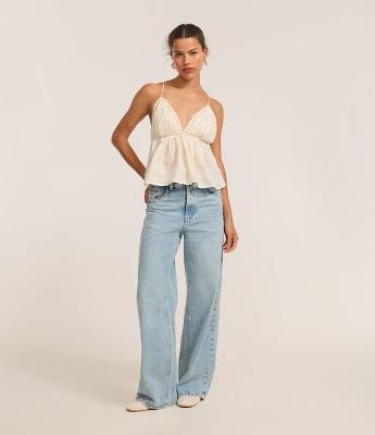 Calça Wide Leg em Jeans com Cós Dobrado