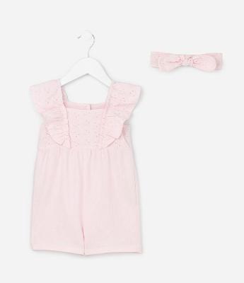 Macaquinho em Tricoline com Babado Broderie e Faixa de Cabelo - Tam 0 a 18 Meses