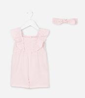 Macaquinho em Tricoline com Babado Broderie e Faixa de Cabelo - Tam 0 a 18 Meses - 1