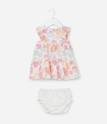 Vestido Infantil em Tricoline Babado e Calcinha - Tam 3 a 18 Meses