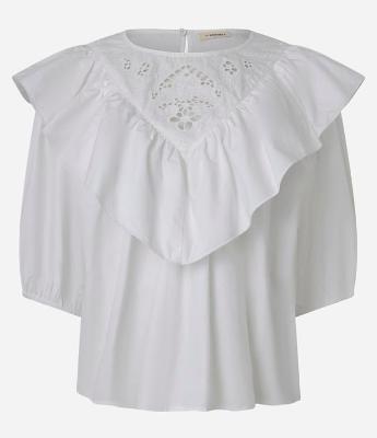 Blusa em Tricoline com Detalhe de Laise e Mangas Bufantes