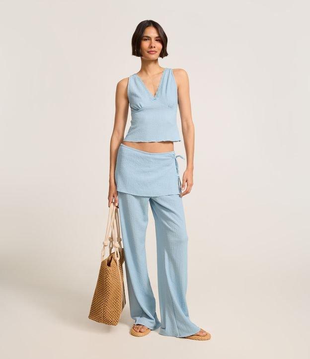 Calça Reta em Anarruga Cintura Alta com Pala Sobreposta e Amarração - 1