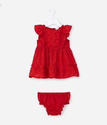 Vestido Infantil em Tricoline com Babados e Calcinha - Tam 3 a 18 Meses