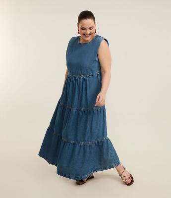 Vestido Midi em Jeans com Babados Curve & Plus Size