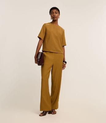 Calça Wide Leg Alfaiatada em Viscose com Listras Contrastantes