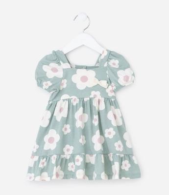 Vestido Infantil com Manga Bufante e Estam Floral - Tam 0 a 18 meses