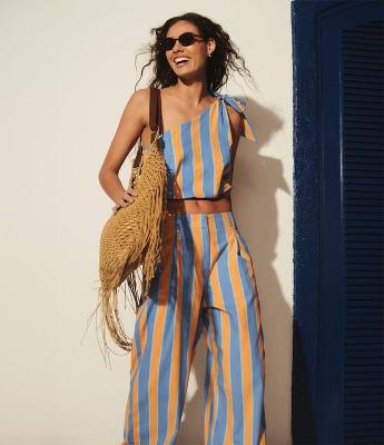 Calça Reta Cintura Alta em Tricoline com Listras Verticais