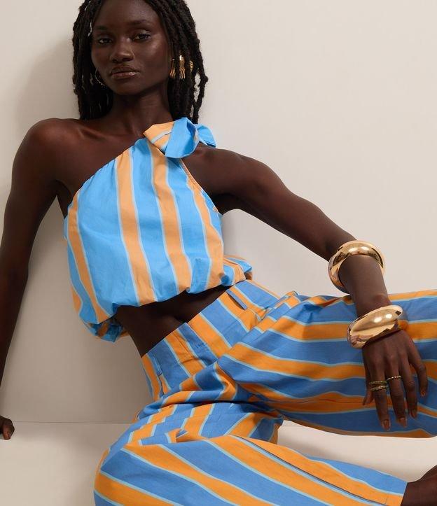 Calça Reta Cintura Alta em Tricoline com Listras Verticais - 2