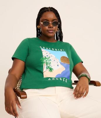 Camiseta em Algodão com Estampa Santorini e Detalhes de Paetê Curve & Plus Size