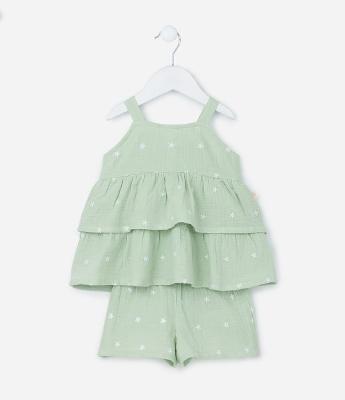 Conjunto Infantil em Tricoline com Bordado Floral - Tam 3 a 18 Meses