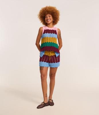 Short Reto Curto em Tricô com Bloco de Cores