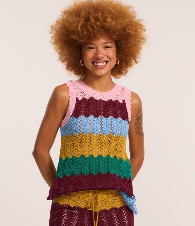 Blusa Regata em Tricô  em Bloco de Cores com Fendas Laterais - 1