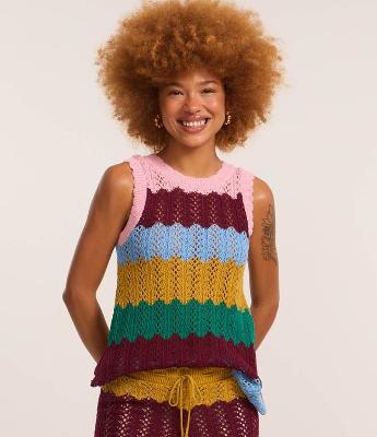 Blusa Regata em Tricô  em Bloco de Cores com Fendas Laterais