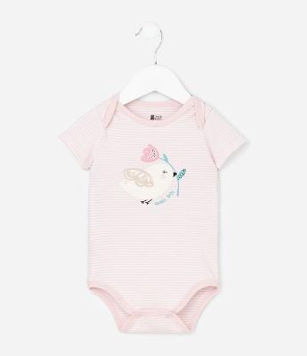 Body Infantil com Estampa de Pássaro e Listras - Tam RN a 18 Meses