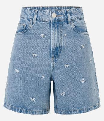 Short Cintura Alta em Jeans com Bordado Floral