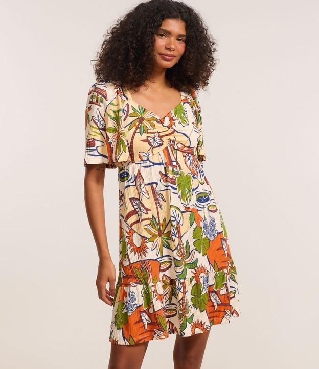 Vestido Curto com Decote Coração e Estampa Natural - 1