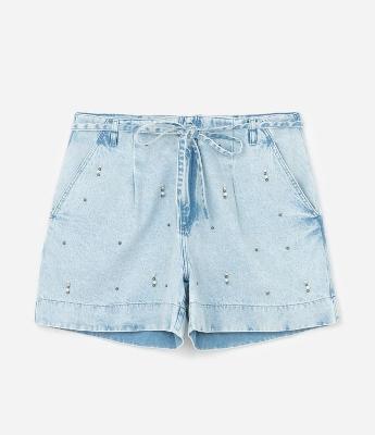 Bermuda em Jeans com com Cordão e Aplicações de Pérolas e Pedras Curve & Plus Size