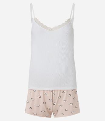 Pijama Short Doll em Ribana com Alcinha e Short Estampado de Olhinhos