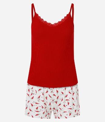 Pijama Short Doll em Ribana com Rendinha e Short Estampado de Mini Pimentas