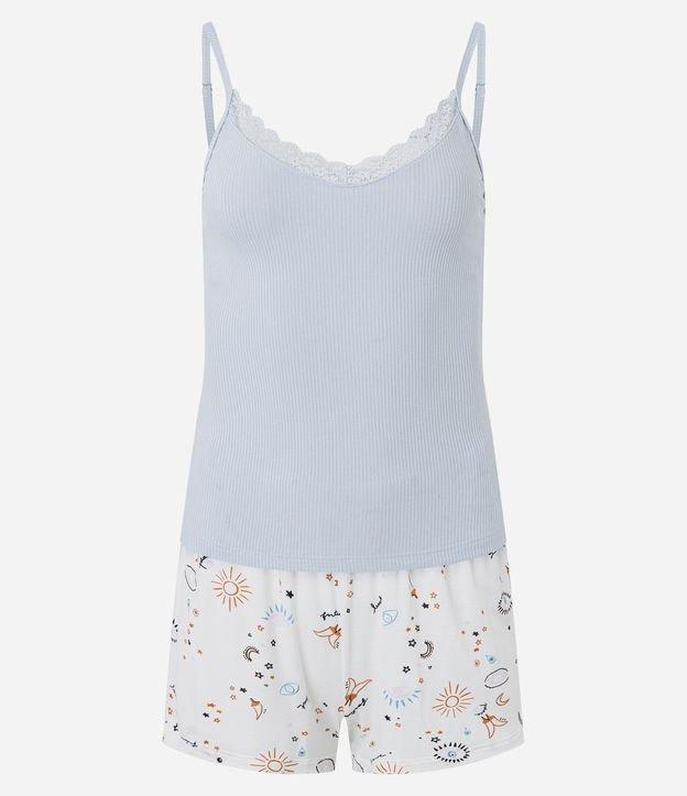 Pijama Short Doll em Ribana com Alcinhas e Short Estampado de Amuletos - 1