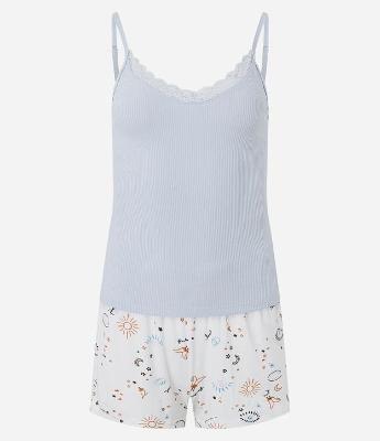 Pijama Short Doll em Ribana com Alcinhas e Short Estampado de Amuletos