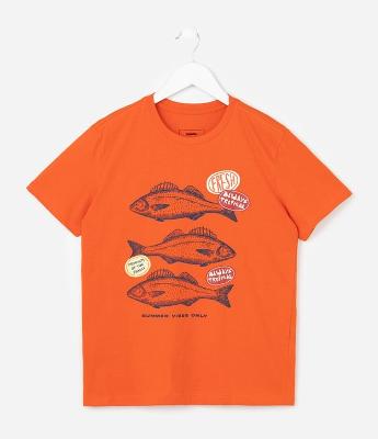 Camiseta Infantil Regular com Estampa de Peixes - Tam 5 a 14 Anos