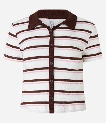 Blusa Polo em Ribana com Abotoamento Frontal e Listras Contrastantes