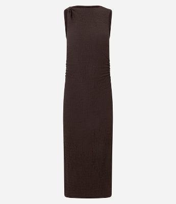 Vestido Longo Texturizado com Franzido Lateral e Nó na Alça