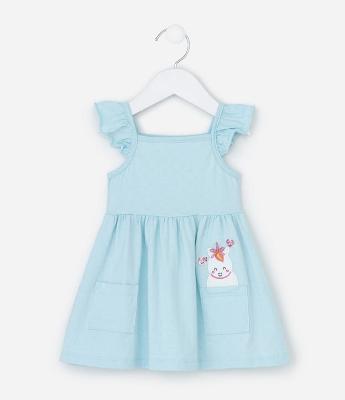 Vestido Infantil com Bolso Bordado de Unicórnio e Corações de Paetês com Textura Poá - Tam 0 a 18 Meses