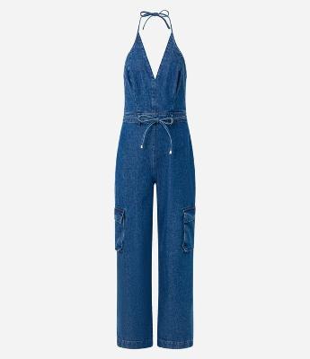 Macacão em Jeans com Cinto Amarração e Bolsos Cargo