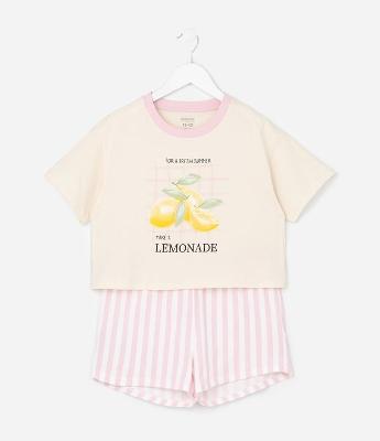 Pijama Infantil com Estampa Limões e Listras - Tam 7 a 16 Anos
