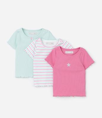 Kit 03 Camisetas Infantil Lisas e Listrada com Barra Frufru - Tam 1 a 6